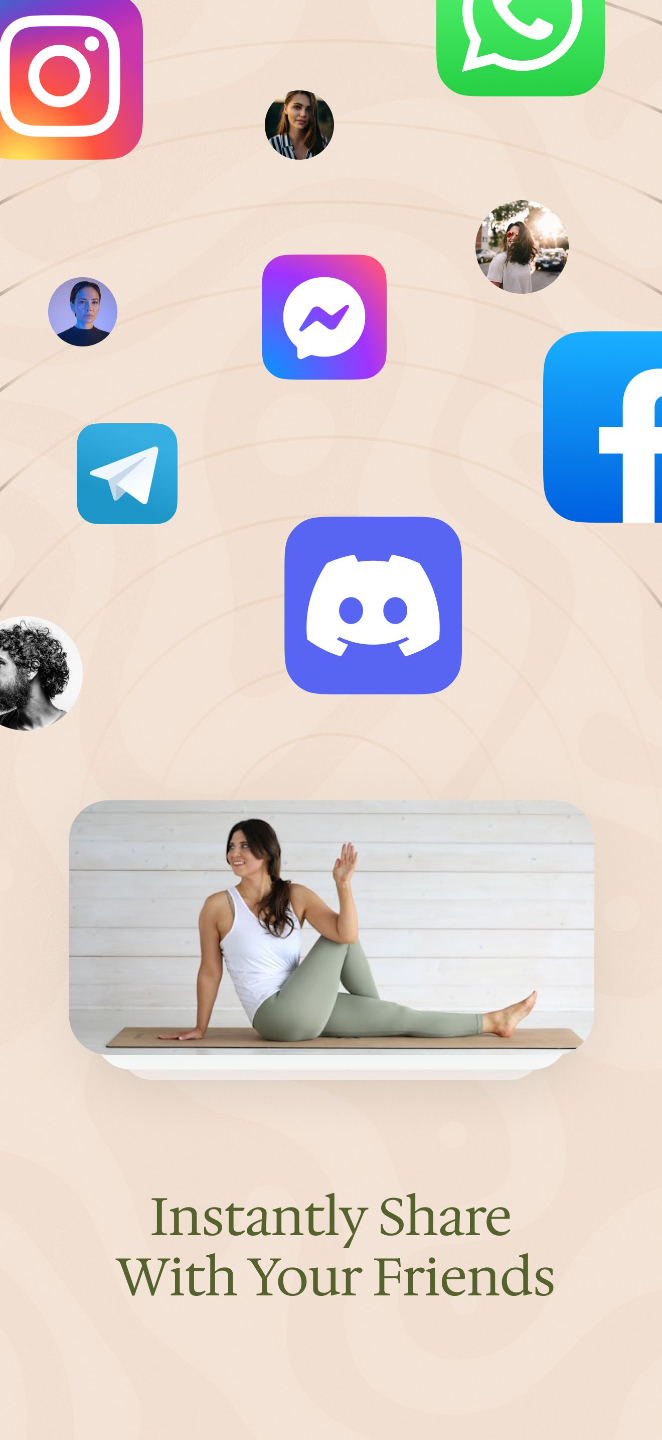 Lovely Refinement app promotional image showing social media and messaging icons around a yoga preview, highlighting how women can instantly share wellness, meditation, and yoga resources with friends.