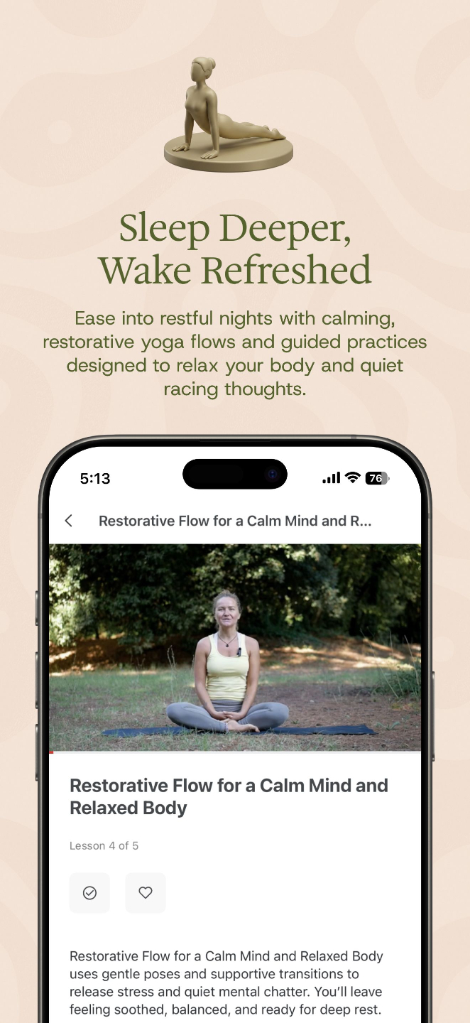 Lovely Refinement app screen promoting restorative yoga for women, with the headline “Sleep Deeper, Wake Refreshed” and a phone mockup showing a calming yoga flow designed to relax the body and support better sleep.