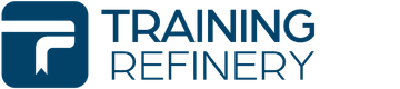 The Training Refinery logo appears on a white background. On the left is a teal-blue rounded square icon with a stylized, layered “T” shape inside it. To the right, the words “TRAINING REFINERY” appear in bold, uppercase, teal-blue lettering. “TRAINING” is stacked above “REFINERY,” creating a clean, professional horizontal logo layout for a continuing education or professional development brand.