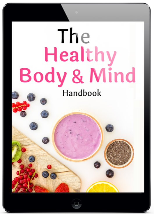 A promotional image of a black tablet displaying the cover of “The Healthy Body & Mind Handbook.” The cover features large pink and black text on a bright white background, with a healthy food flat lay below it. The food imagery includes a pink smoothie bowl, blueberries, chia seeds, red currants, strawberries, kiwi, and a lemon slice arranged around a wooden cutting board. The overall design feels fresh, clean, wellness-focused, and feminine.