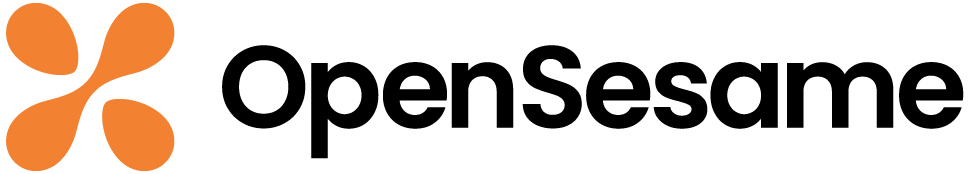 Orange OpenSesame icon on the left, made of four rounded, petal-like shapes arranged in a pinwheel formation. To the right is the word “opensesame” in bold black lowercase letters, with a clean, modern sans-serif style. The logo appears on a white background with strong contrast and a simple horizontal layout.