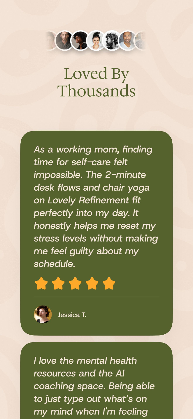 Lovely Refinement app testimonial screen with the headline “Loved By Thousands,” showing five-star user reviews about self-care, 2-minute desk flows, chair yoga, mental health resources, and AI coaching support for women.