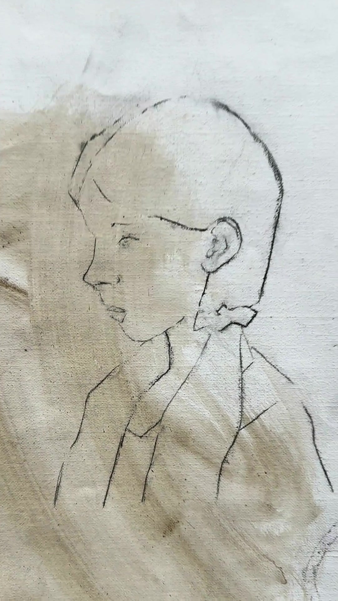 The transferred drawing on the canvas, ready to paint