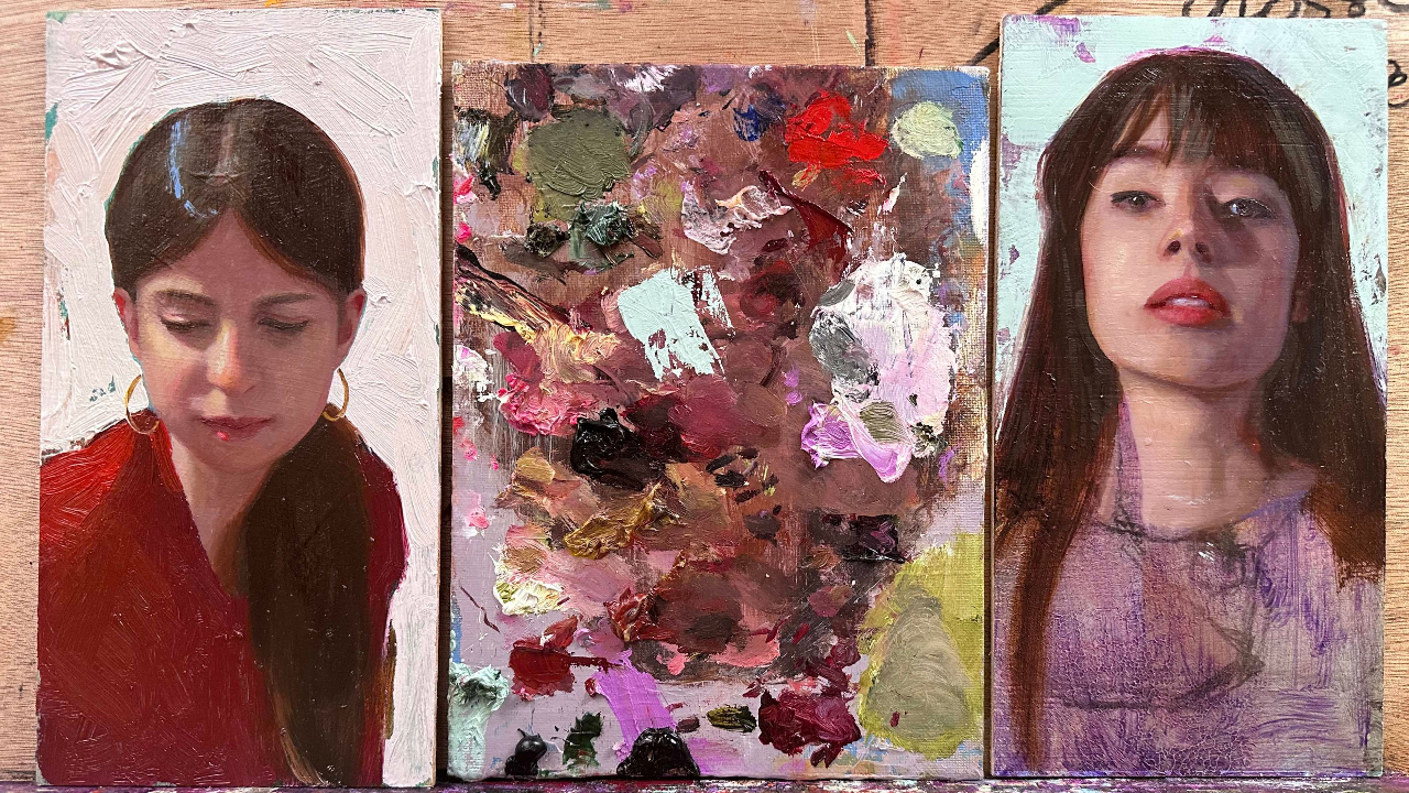 Portrait one: "Small oil portrait with Michael Harding Ultramarine Violet toned ground — Rosso Art School" - Portrait two: "Small oil portrait with aquan green coloured ground — colour relativity experiment"
