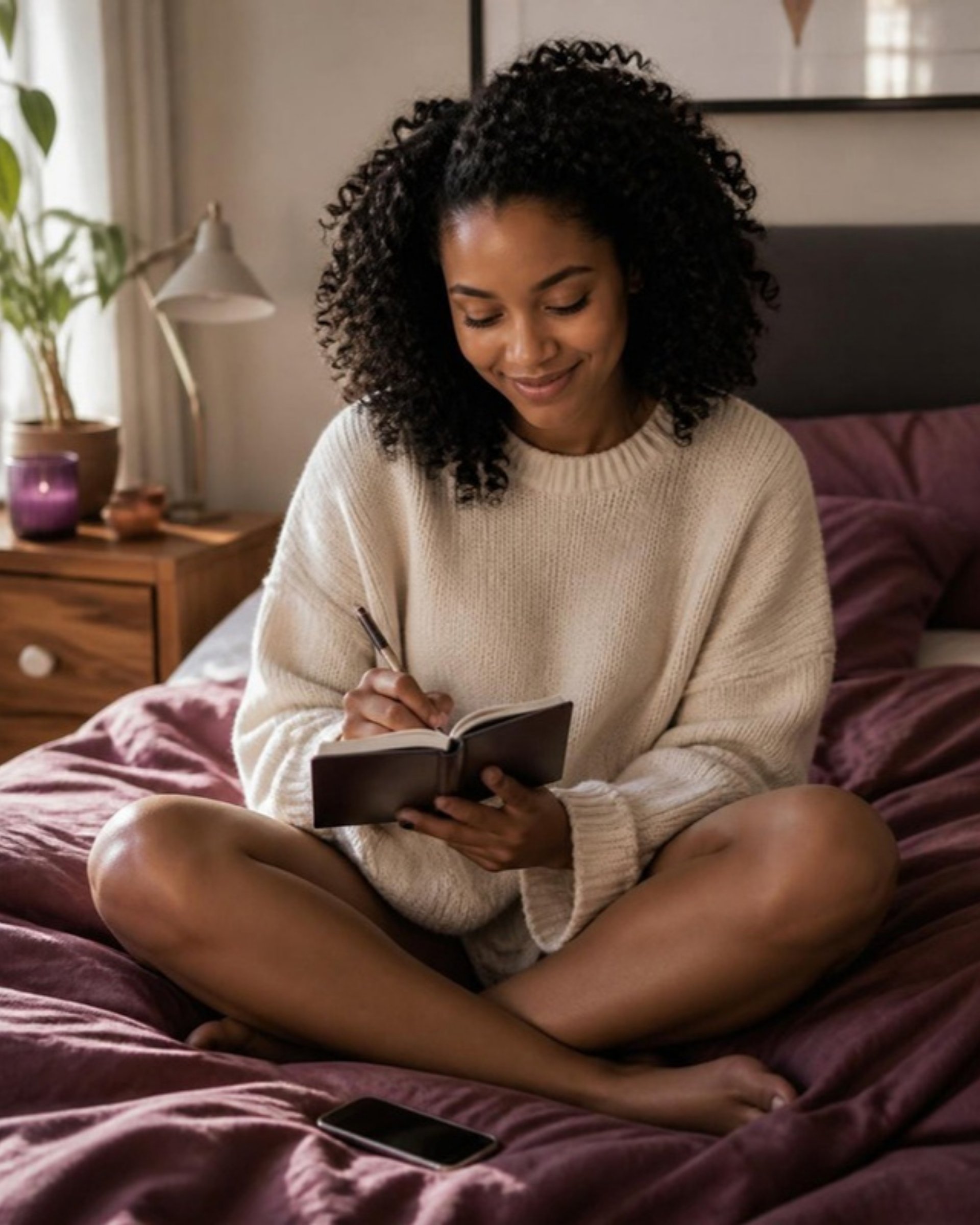 Young Black woman in a cream sweater writing in a notebook on her bed