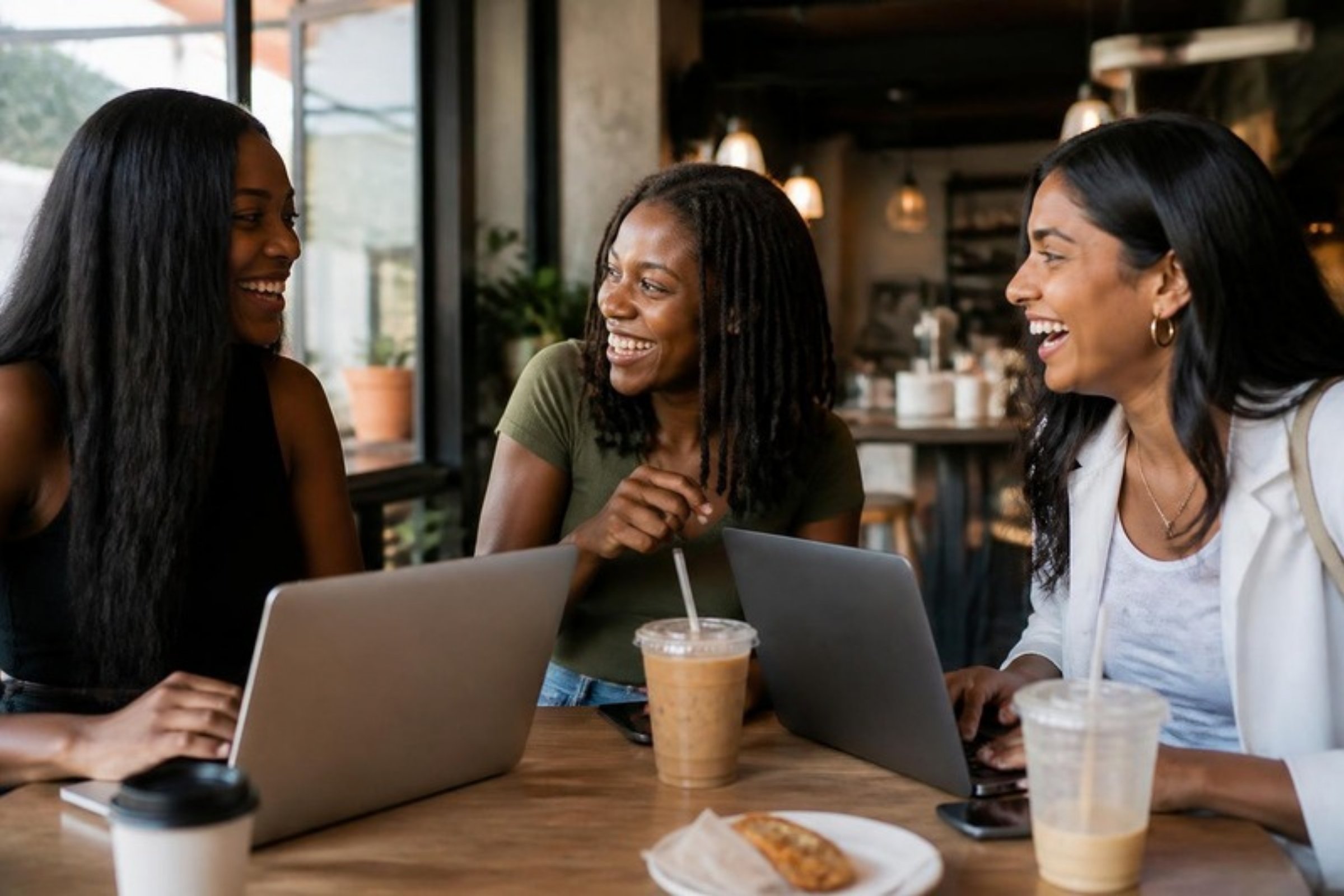 Three young women of color laughing together at a cafe