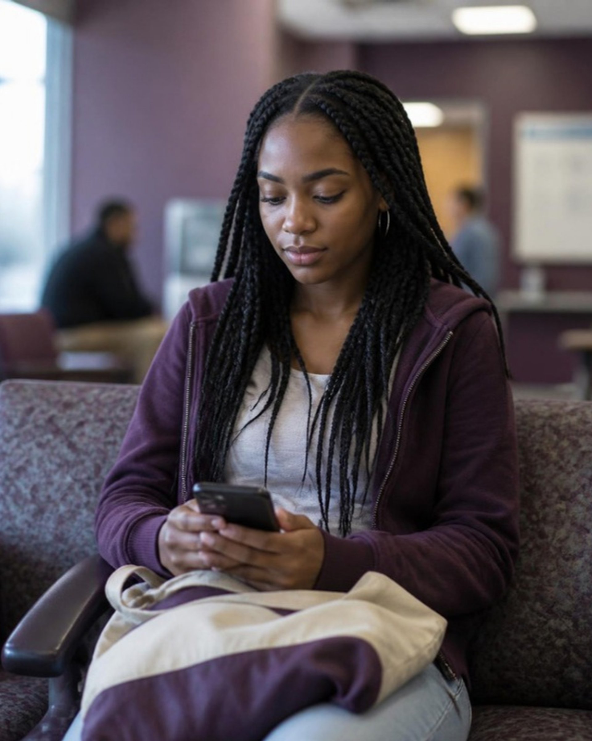 Young Black woman with braids waiting at a clinic, looking at her phone