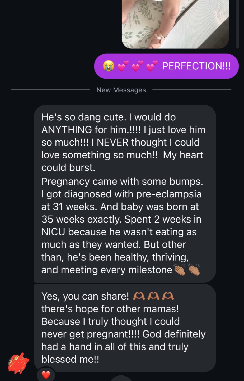 Client update about healthy thriving baby after 35 week delivery and NICU stay