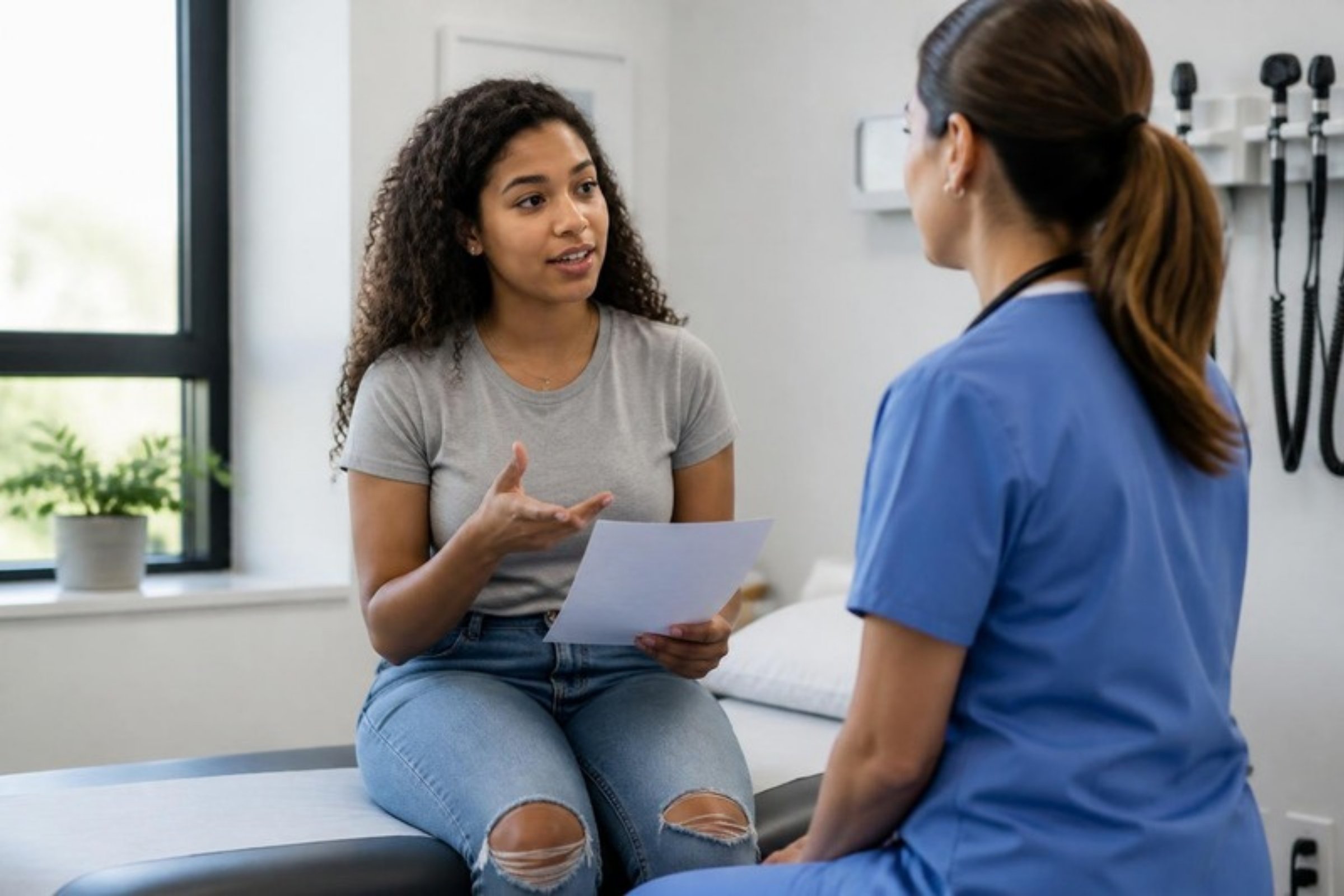 Young woman speaking with a nurse practitioner, holding her notes
