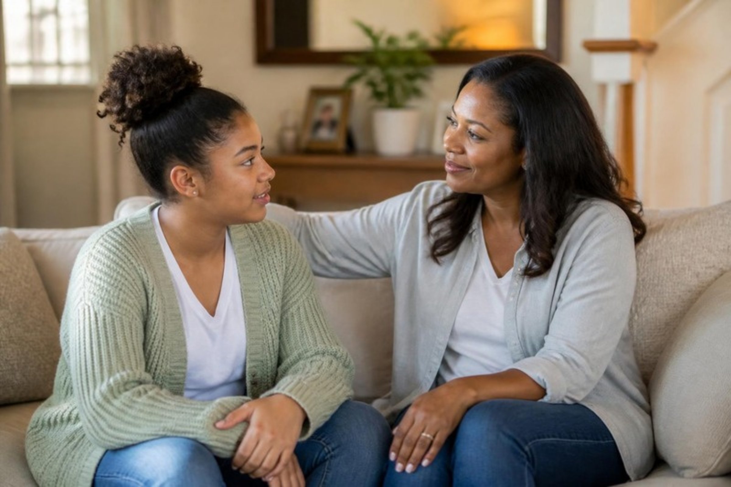 Black mother and teenage daughter talking on the couch