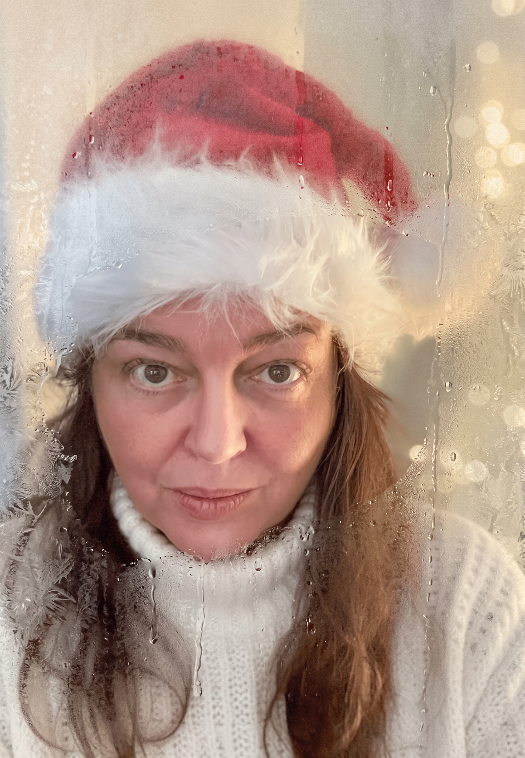 Mel mit Weihnachtsmütze hinter einer beschlagenen Winterscheibe