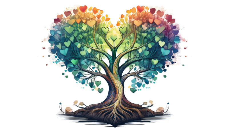 Grow Free Logo – Chakra Tree with Heart-Shaped Roots for Conscious Education