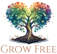 Grow Free Logo – Chakra Tree with Heart-Shaped Roots for Conscious Education