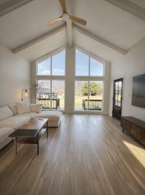Vaulted great room with mountain views at Solara Ridge