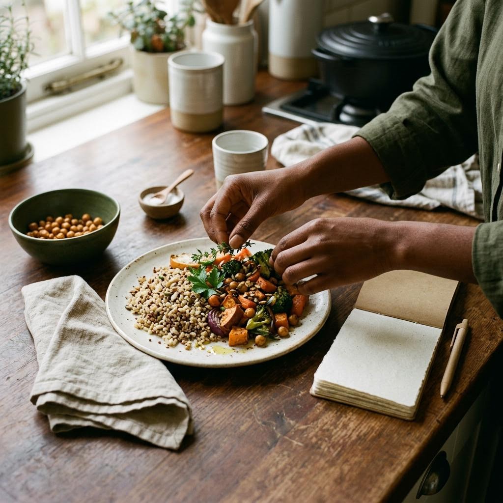 Hands preparing a meal at a table in warm daylight