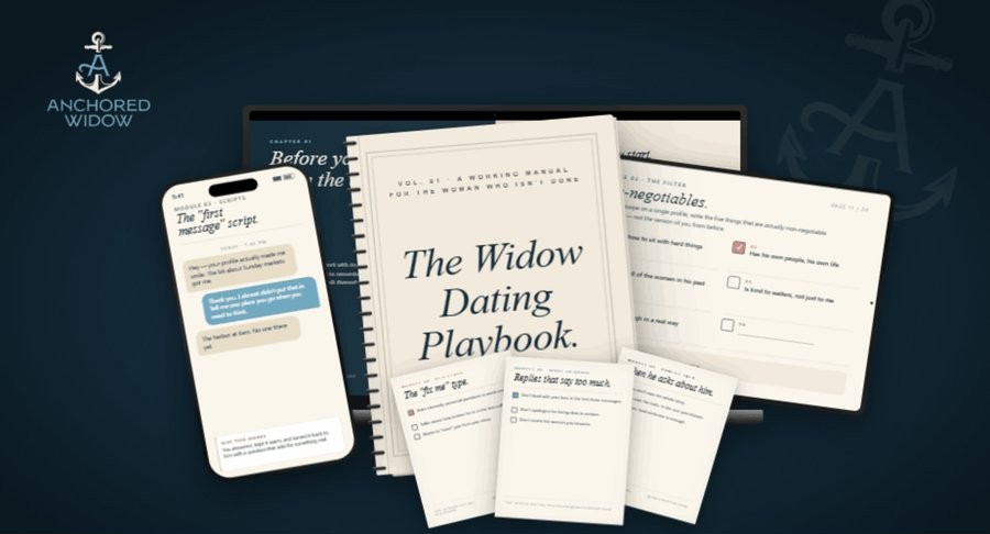 The Widow Dating Playbook shown on a phone, a tablet and printed pages