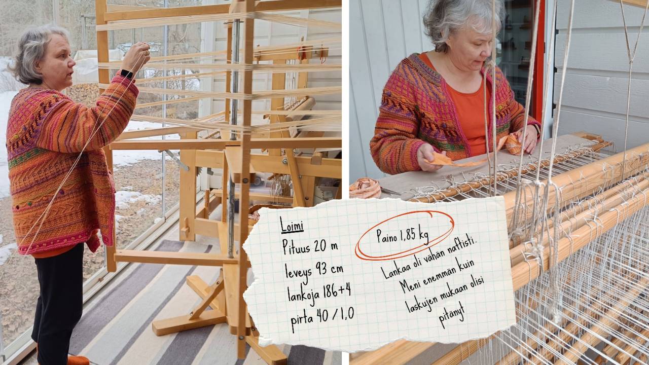 Marja-Liisa luomassa loimea ja työskentelemässä kangaspuilla. Kuvan päällä on loimen tietoja ja havaintoja sisältävä muistiinpanolappu.