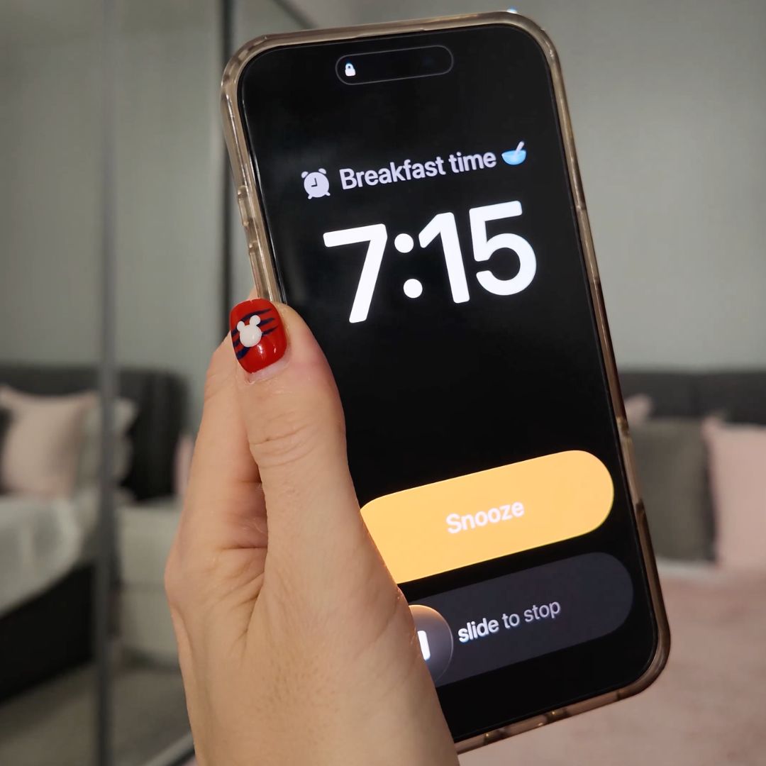 A breakfast reminder alarm, one of Rhi's morning routine tricks