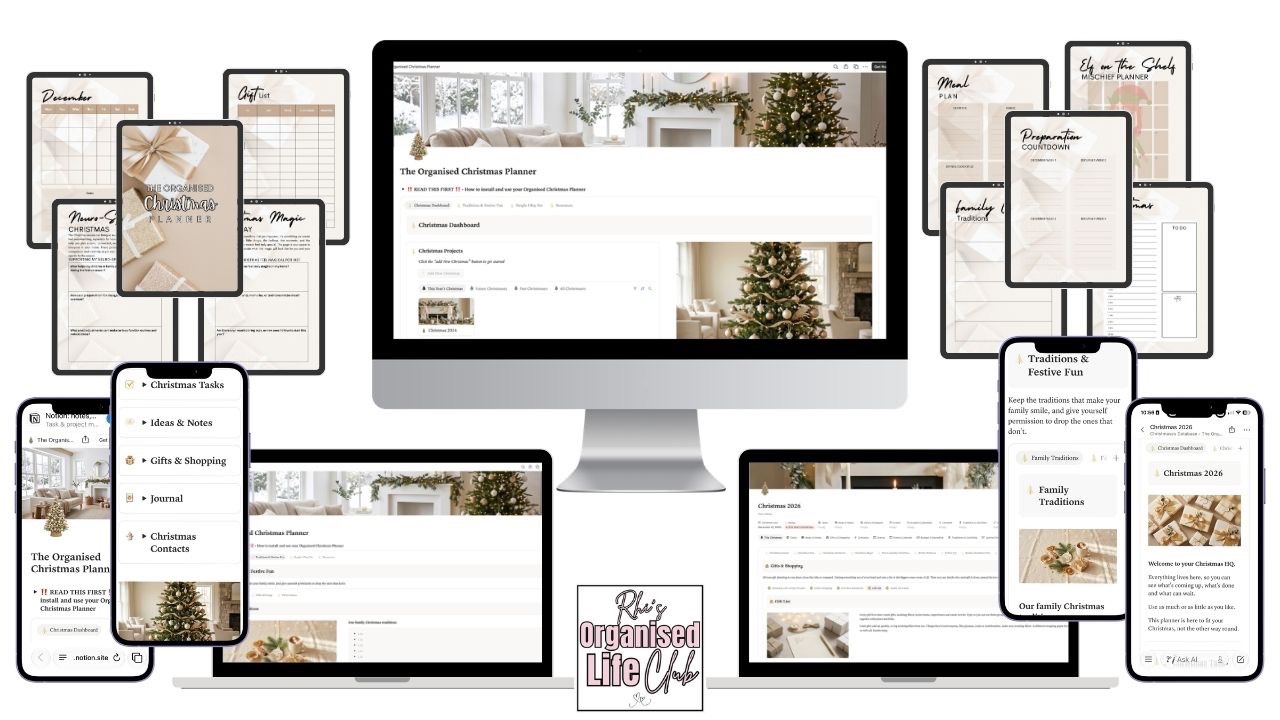 The Organised Christmas Planner in Notion on laptop, tablet and phone