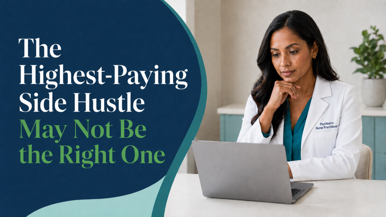 Psychiatric nurse practitioner evaluating whether a side hustle fits her available time, energy, financial goals, and desired lifestyle.