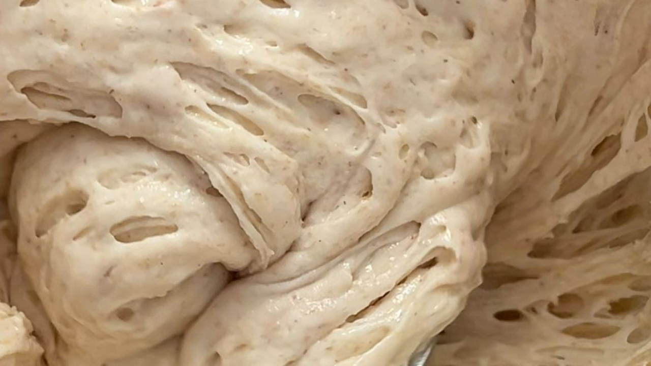 A bubbly active sourdough starter in a jar