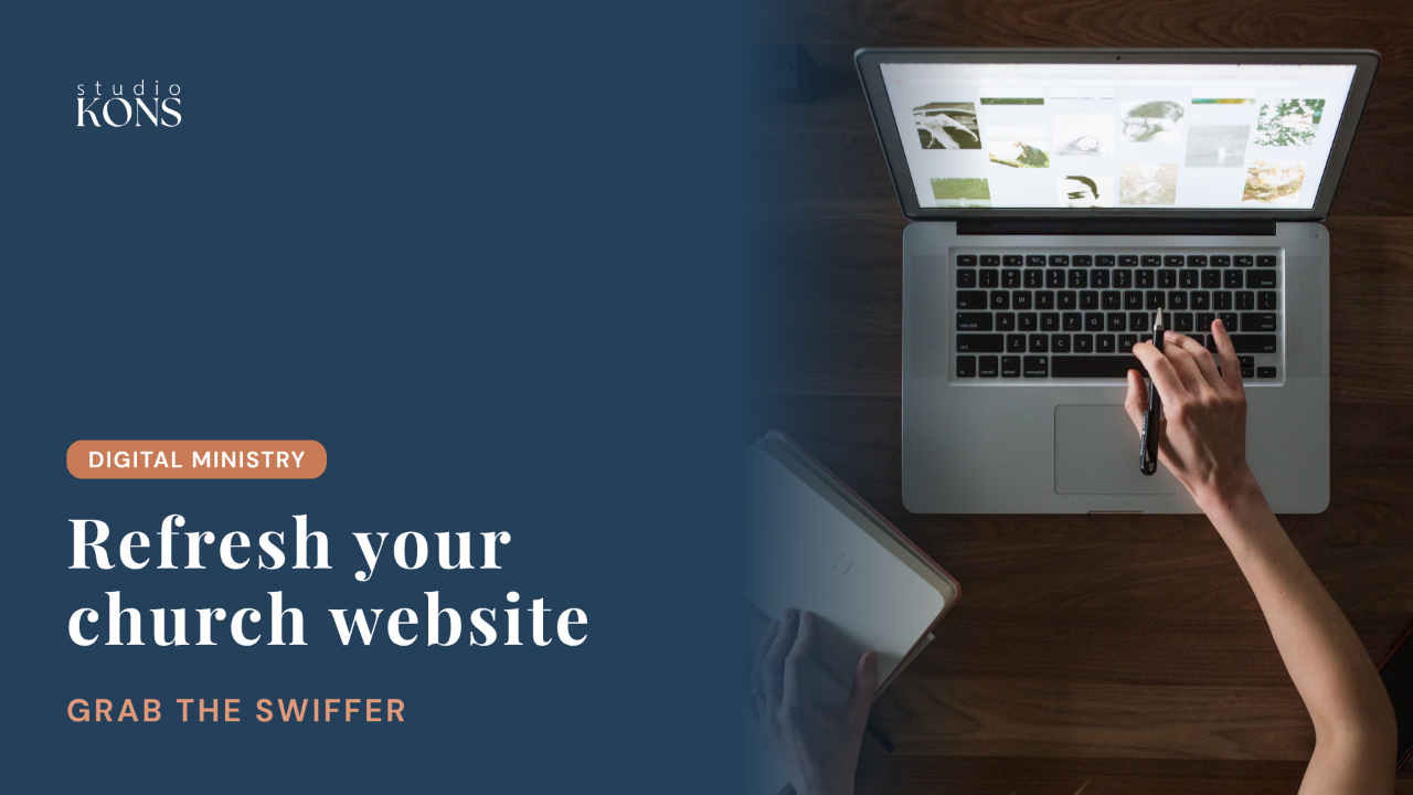 Studio Kons blog header for an article on refreshing a church website with a five-minute audit, with a digital ministry cluster label and a computer open to website