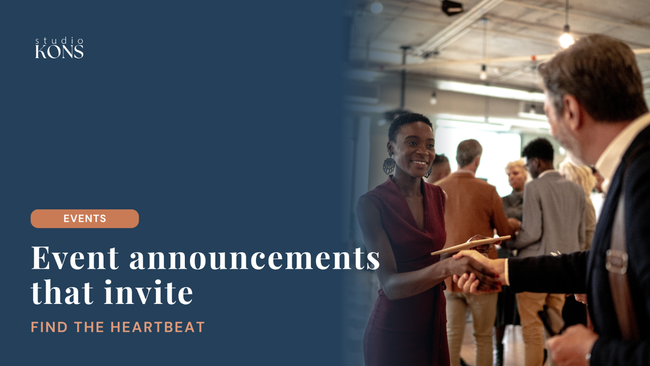 Studio Kons blog header for an article on writing church event announcements that feel like real invitations, with an events cluster label and two people shaking hands at an eent