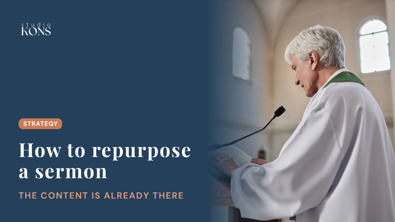 Studio Kons blog header for an article on how to repurpose a sermon into a full week of church content, with a strategy cluster label and a photo of calm water and an open sky.