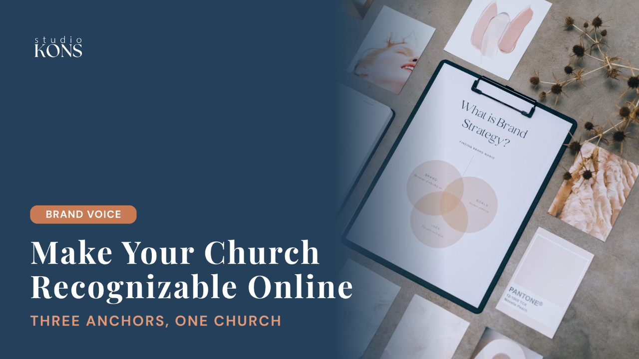 Studio Kons blog header for an article on setting up a church brand kit with three anchors, with a brand voice cluster label and a branding flat lay