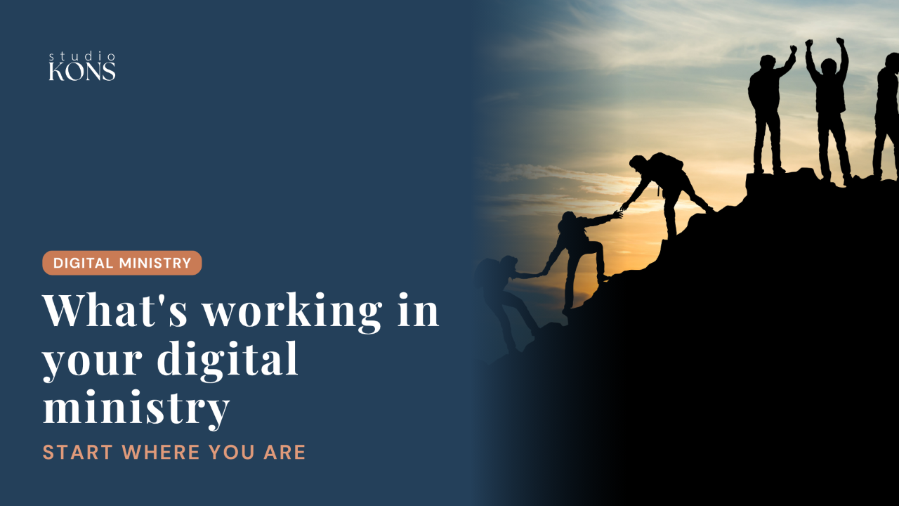 Studio Kons blog header for an article on what's working in mainline church digital ministry, with a digital ministry cluster label and a photo of people climbing a mountain together, happily