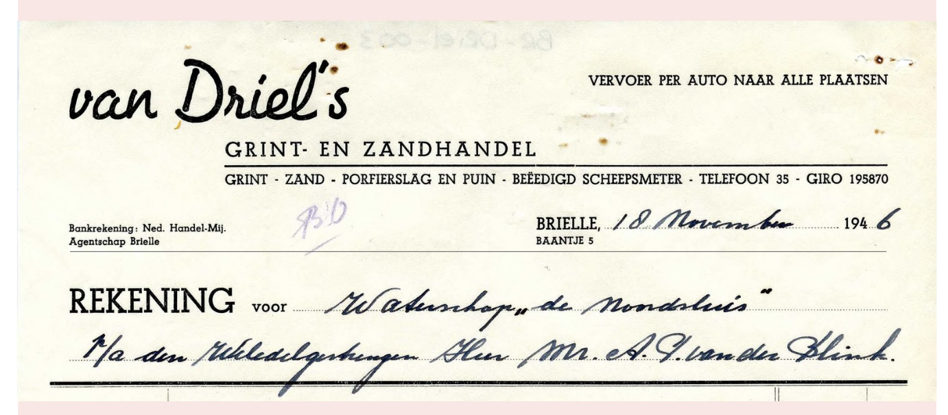 Rekening van Van Driel's Grint- en Zandhandel uit 1946, Brielle