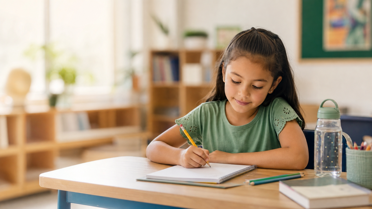 Elementary-age student calmly completing schoolwork in a bright classroom