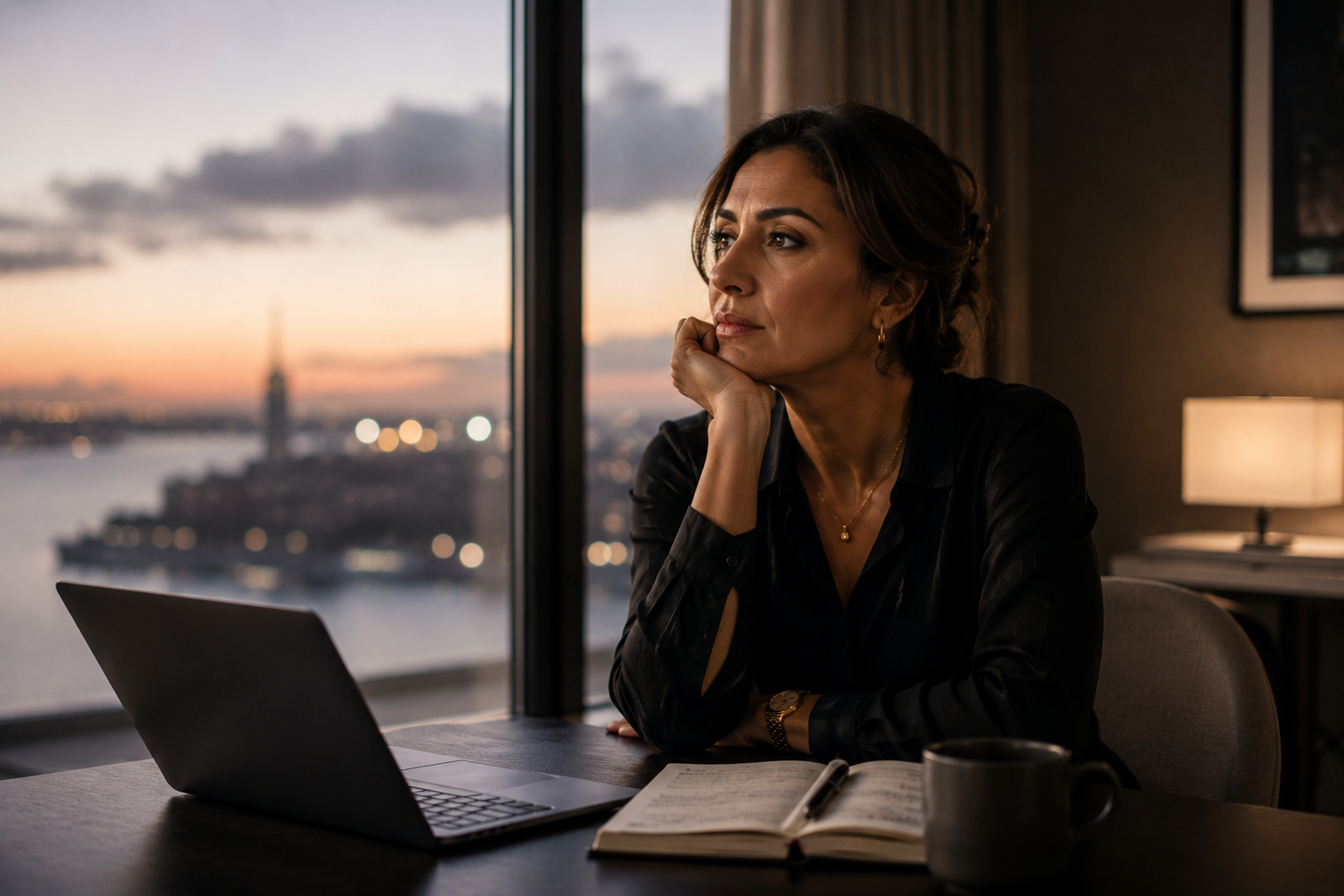 Senior ledare reflekterar vid skrivbordet med stadsutsikten