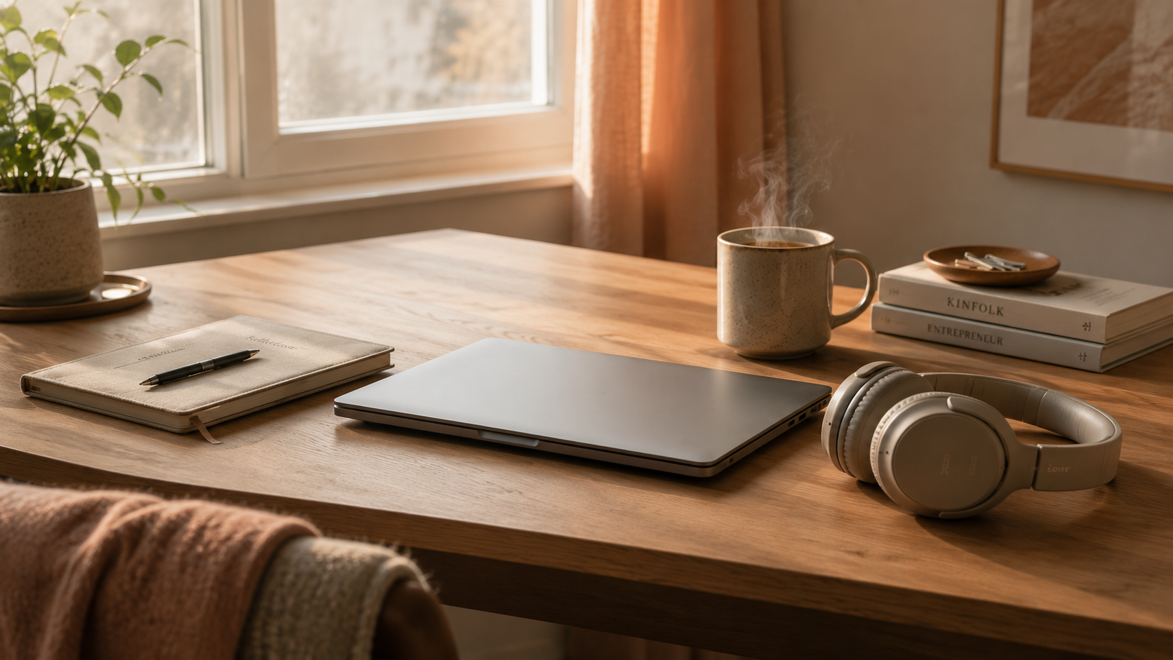 Mysig hemarbetsh&ouml;rna med laptop, kaffemugg och anteckningsbok i morgonljus