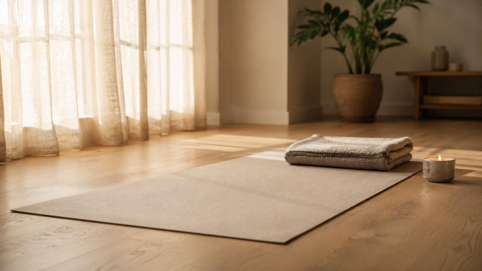 Lugnt rum med mjukt naturligt ljus, redo f&ouml;r en breathwork-session