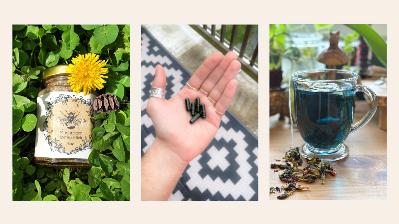 Pneuma apothecary offerings. Bloom Honey Elixir, psilocybin capsules, and microdose mushroom tea