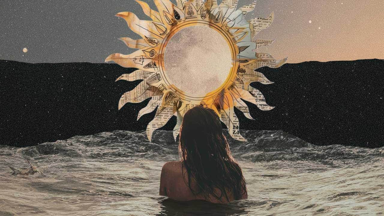 A figure standing in open water facing an ornate celestial sun, its rays composed of illustrated fragments and text, evoking the solar archetype and natal chart symbolism against a sky of stars and warm light.