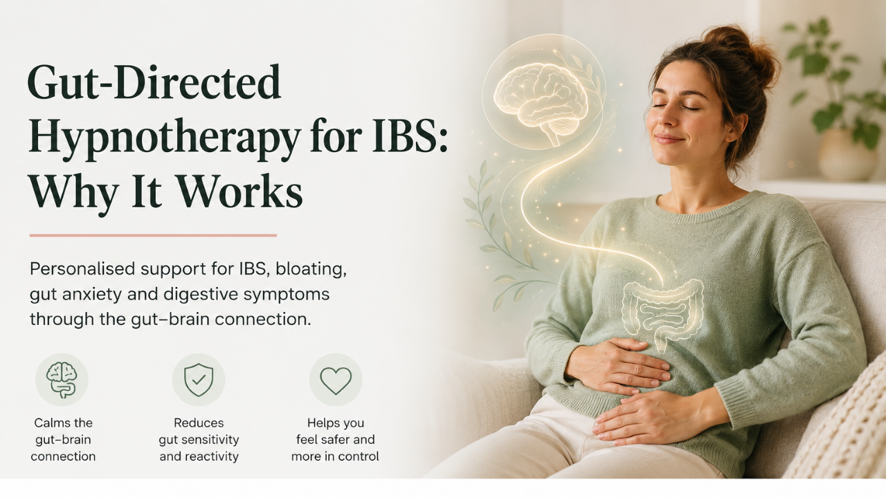 A calm, professional image of a woman sitting peacefully near a window with one hand gently resting on her stomach. Soft natural light, warm neutral tones, calm therapy/wellbeing feel. It should suggest gut calm, safety and personalised support without looking too medical or too “spa-like.”