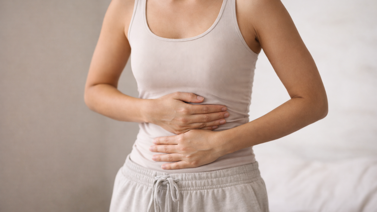 Woman holding her stomach due to IBS symptoms and stress-related gut discomfort