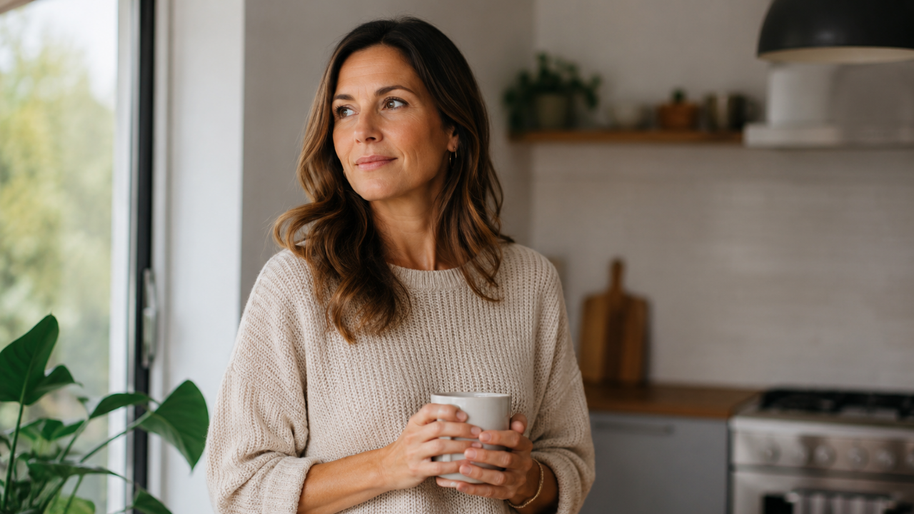 Woman standing calmly in a kitchen holding a mug, representing gut-brain therapy, IBS support and rebuilding trust in the body.
