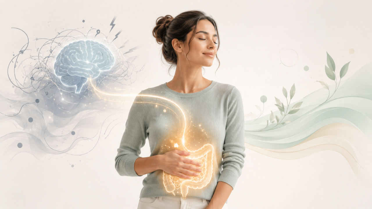 Woman calmly resting a hand on her stomach with soft brain and gut connection imagery, representing how anxiety and stress can affect digestion.