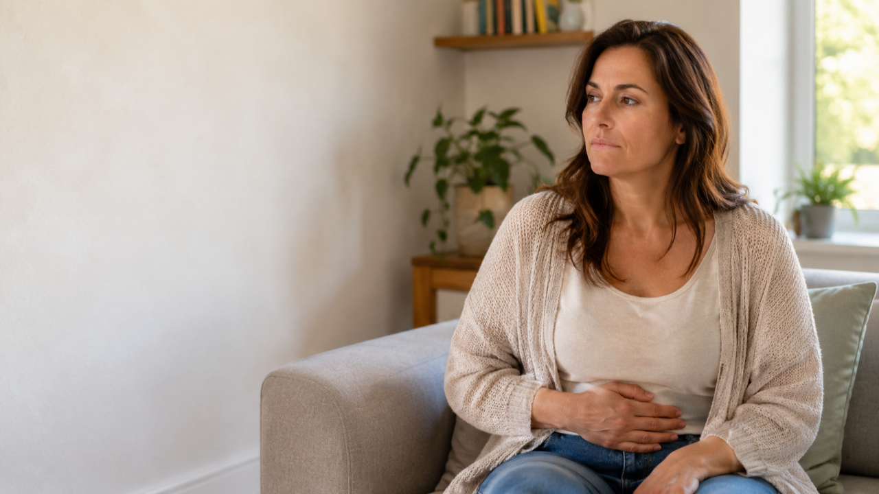 Woman sitting quietly with digestive discomfort