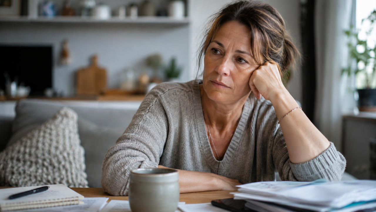 A tired, thoughtful midlife woman sitting at a kitchen table with paperwork and a cup of tea, reflecting on the anxiety and emotional pressure of menopause.