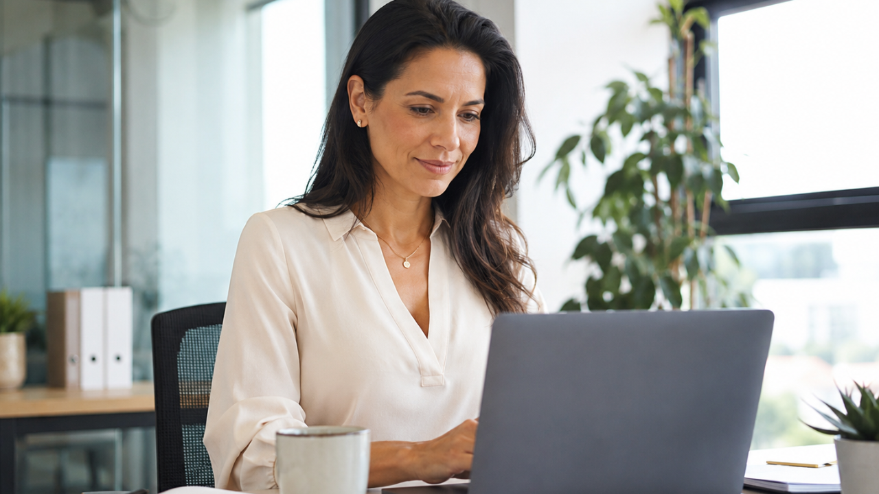 Professional woman working on a laptop in a bright modern office, representing workplace wellbeing and return to function at work.