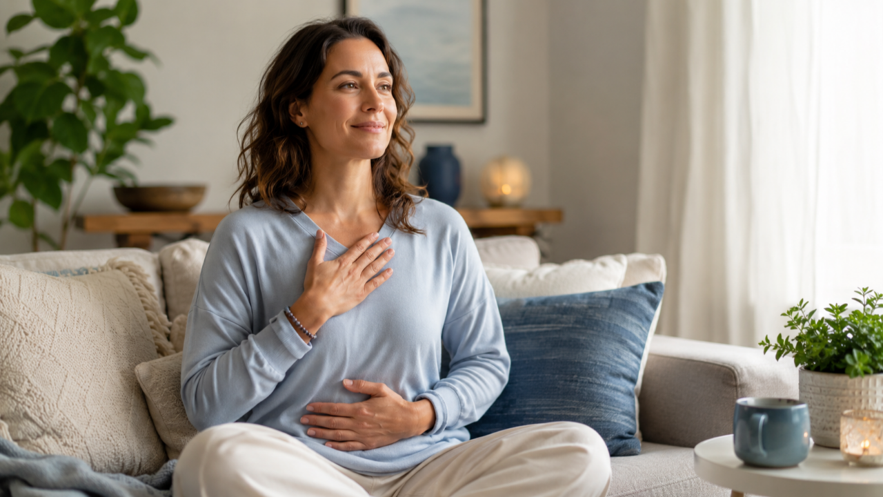 Woman sitting calmly with one hand on his chest and one on his stomach, practising mind–body breathing to support gut–brain symptoms.