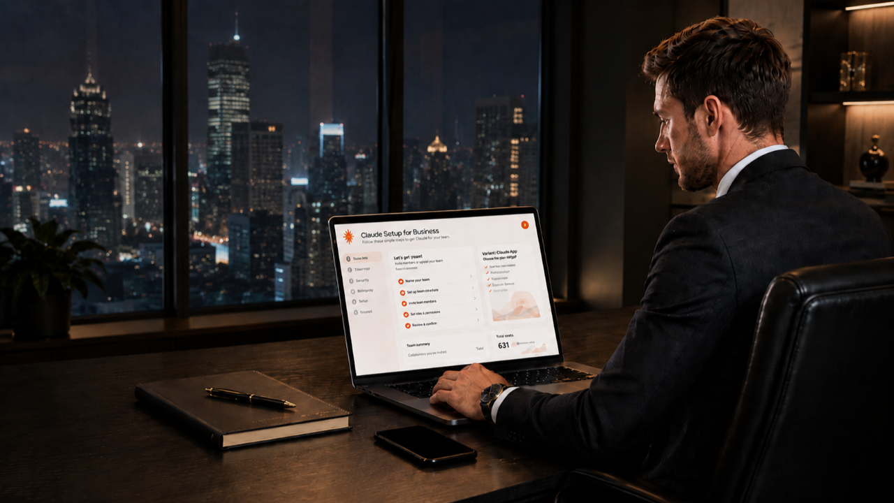 Executive setting up AI in office at night