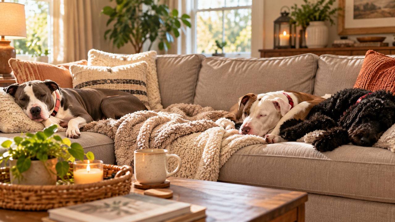 Three dogs relaxing together on a cozy couch with warm autumn decor in the background.