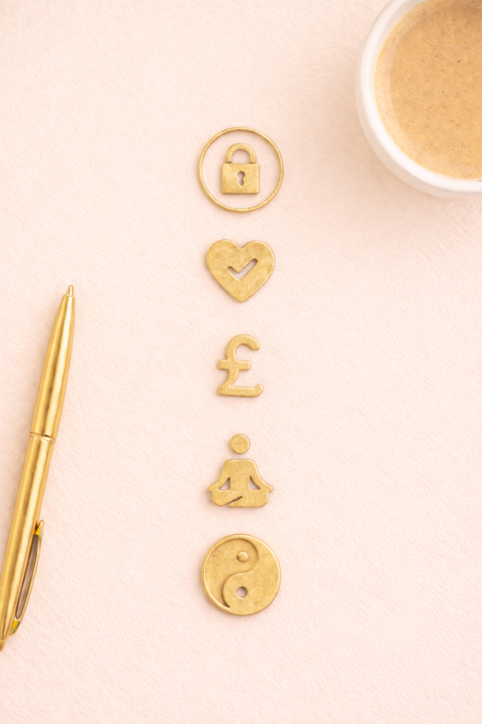 Gold symbols representing healthy boundaries, confidence, wealth mindset, self-awareness, and higher awareness