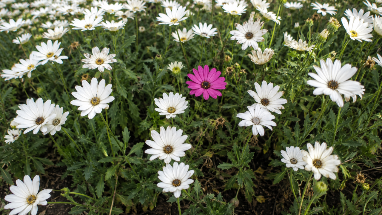 A purple flower standing out amongst white flowers
