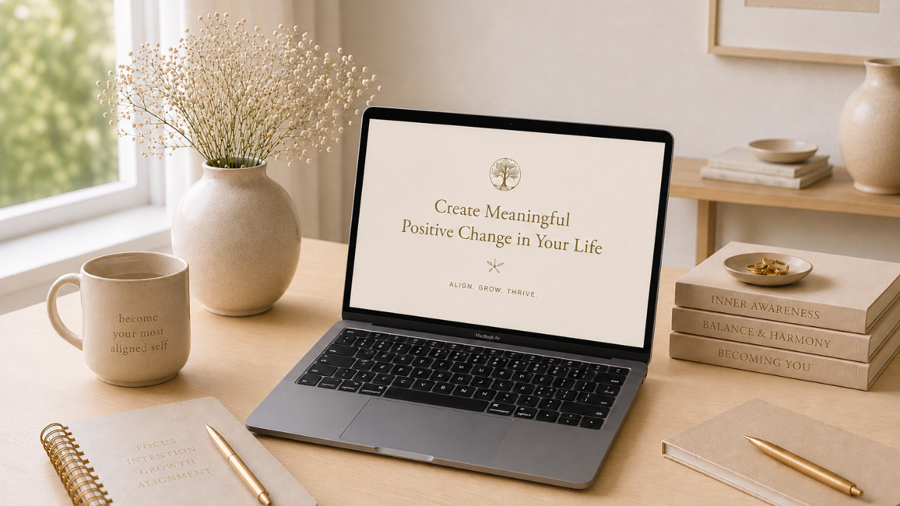 A desk with laptop on it saying create meaningful positive change in your life